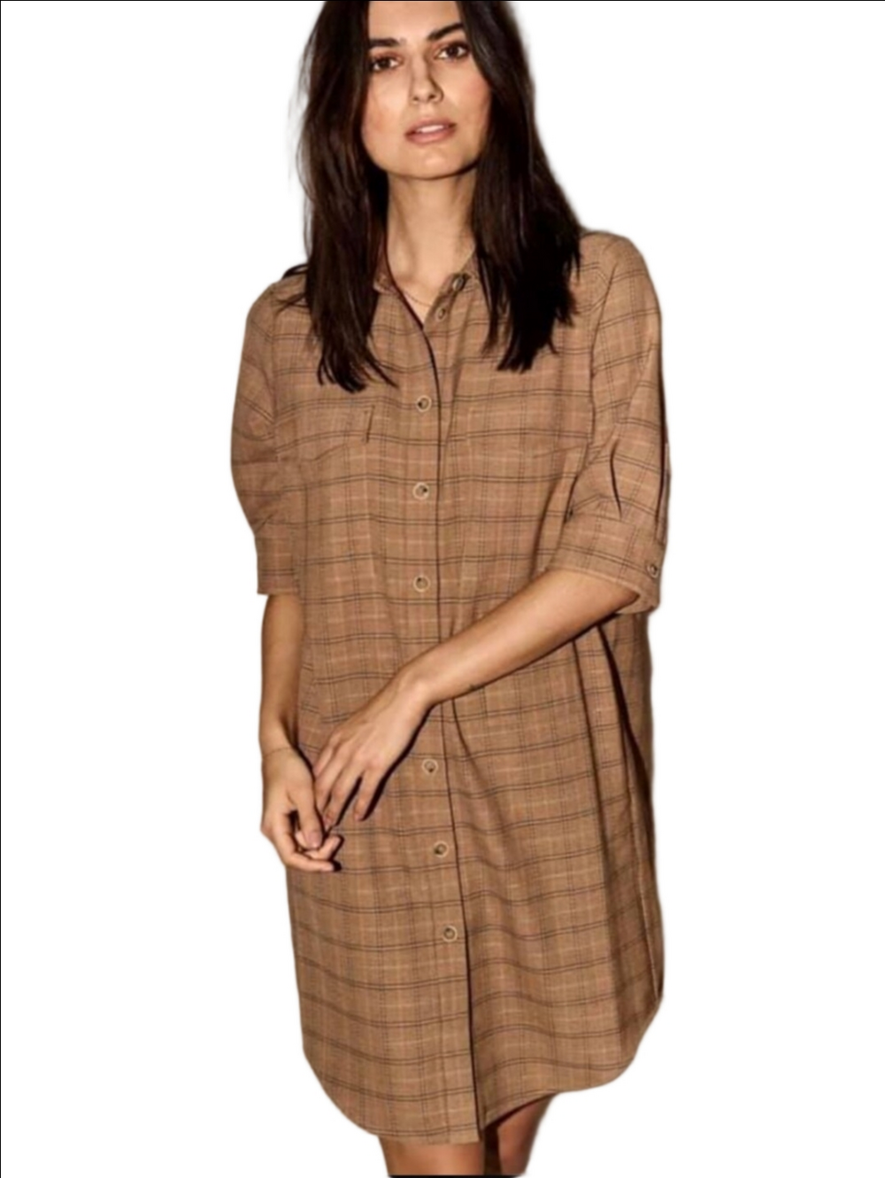 MOS MOSH Tan brown plaid crop sleeves boyfriend button down dress